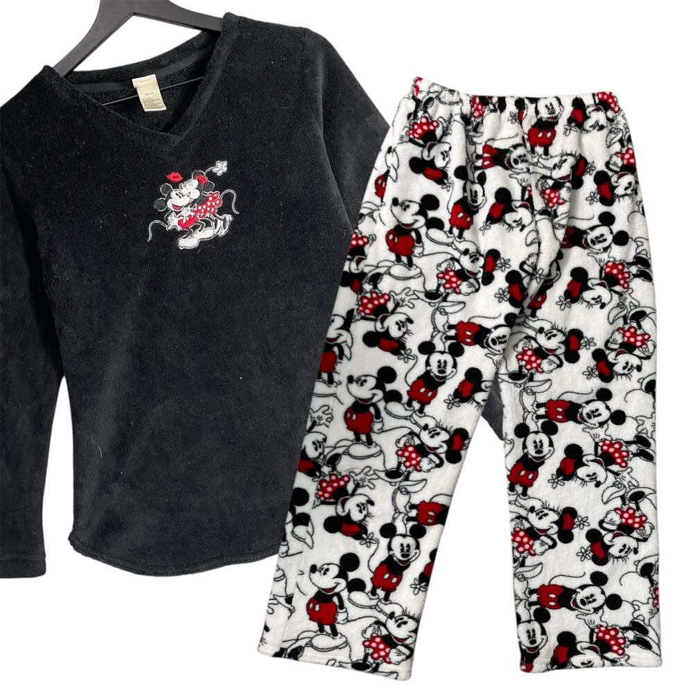 Disney Mickey Minnie Women S Fleece Pajama Set V-Neck Top Print Pants Sleepwear
